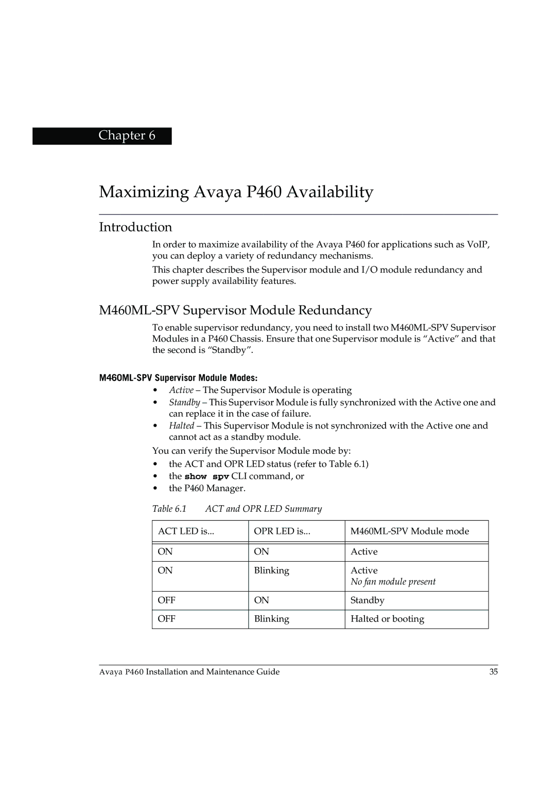 Casio Maximizing Avaya P460 Availability, M460ML-SPV Supervisor Module Redundancy, M460ML-SPV Supervisor Module Modes 