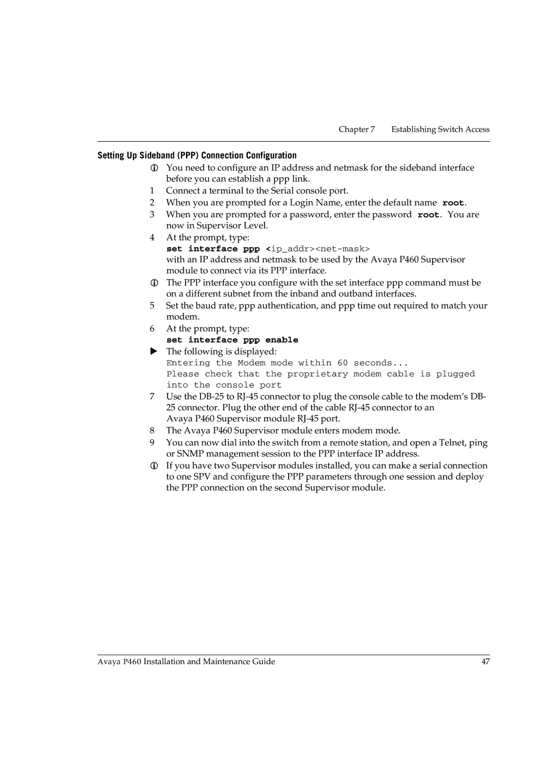 Casio P460 manual Setting Up Sideband PPP Connection Configuration, Set interface ppp ipaddrnet-mask 