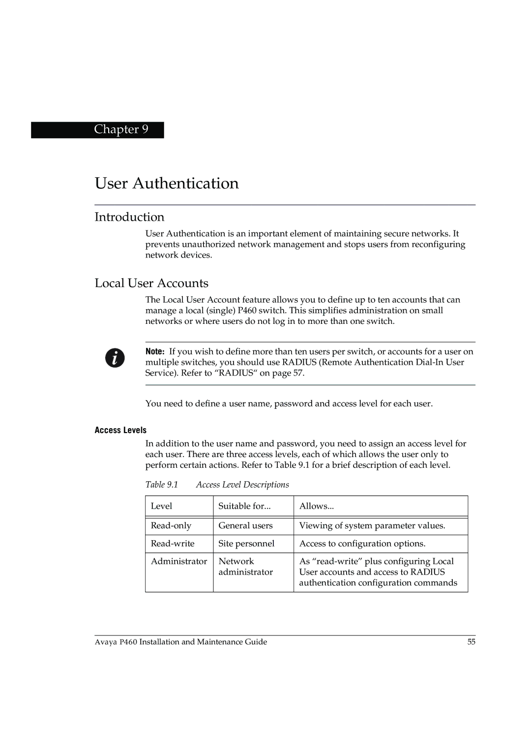 Casio P460 manual User Authentication, Local User Accounts, Access Levels 