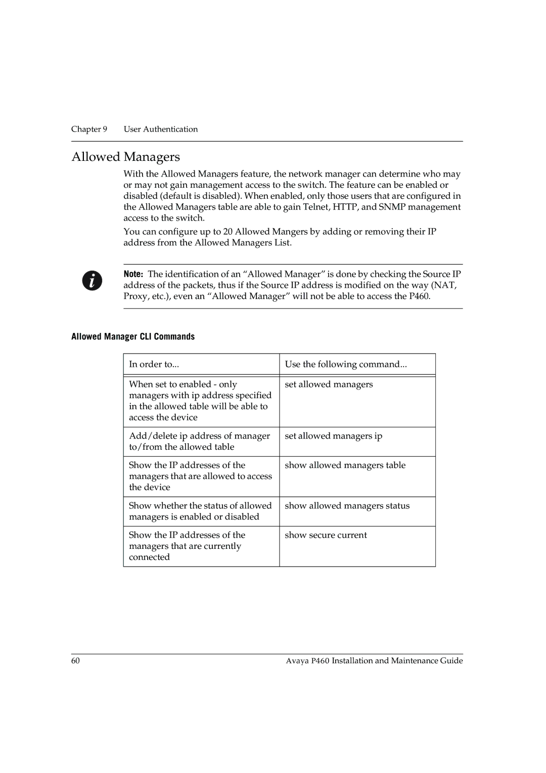 Casio P460 manual Allowed Managers, Allowed Manager CLI Commands 