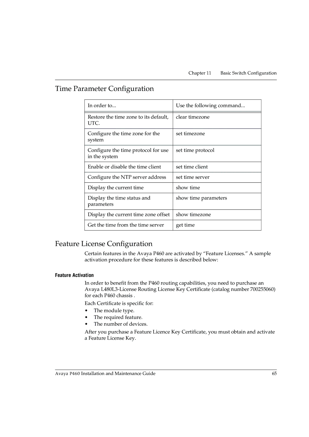 Casio P460 manual Time Parameter Configuration, Feature License Configuration, Feature Activation 