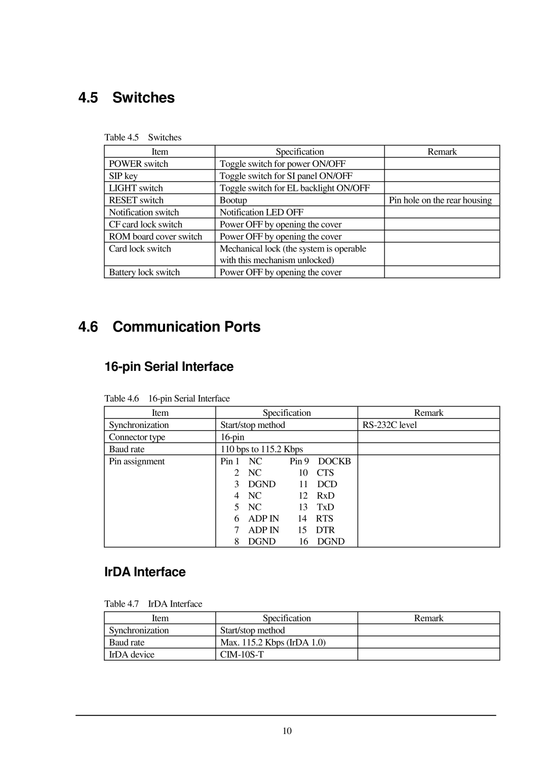 Casio PA-2400 manual Switches, Communication Ports, Pin Serial Interface, IrDA Interface 