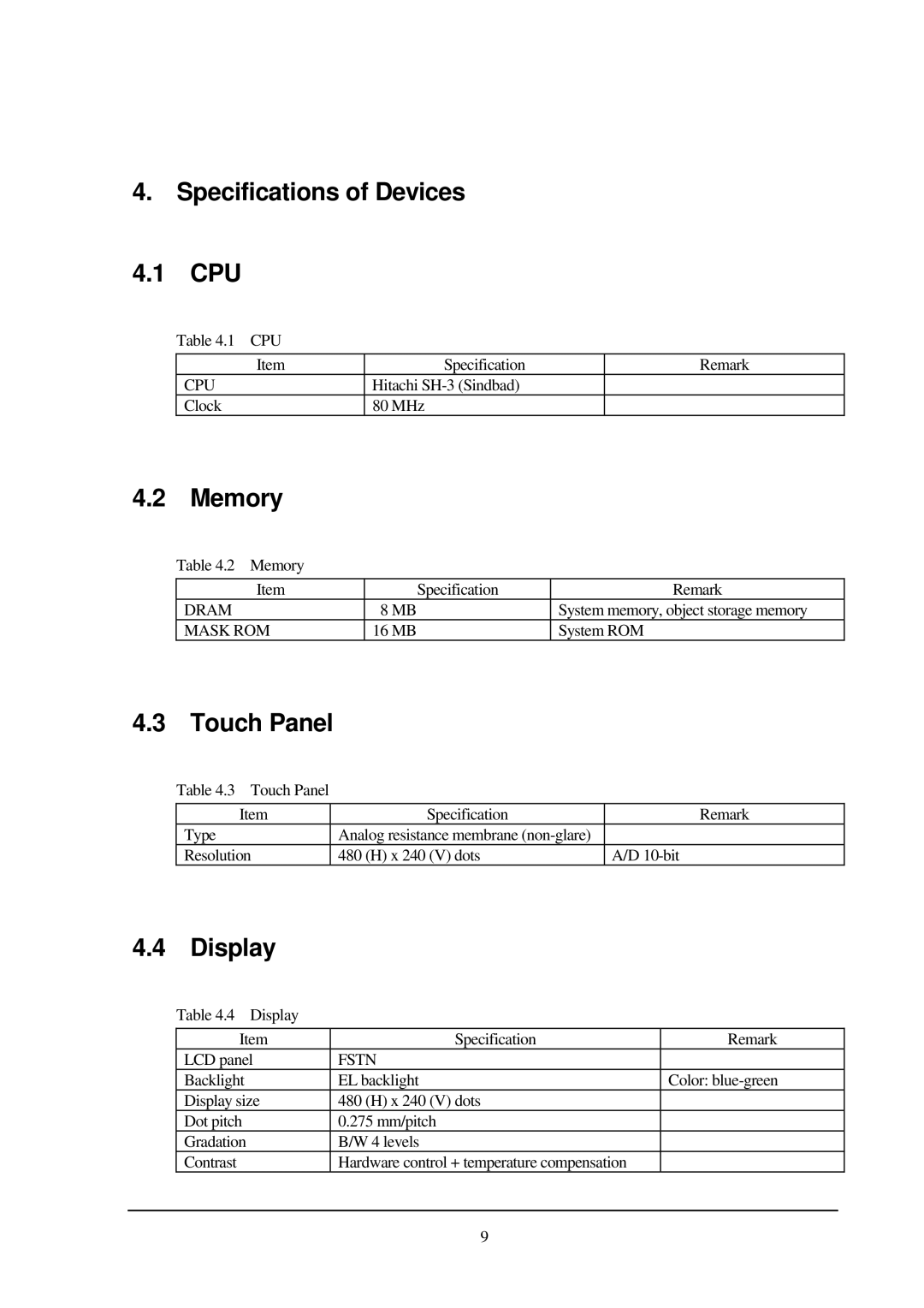 Casio PA-2400 manual Specifications of Devices, Memory, Touch Panel, Display 