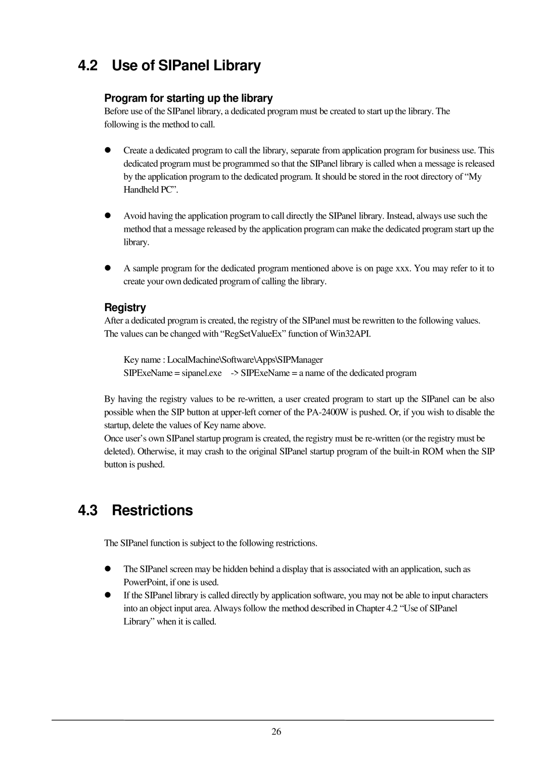 Casio PA-2400W manual Use of SIPanel Library, Restrictions, Program for starting up the library, Registry, Handheld PC 