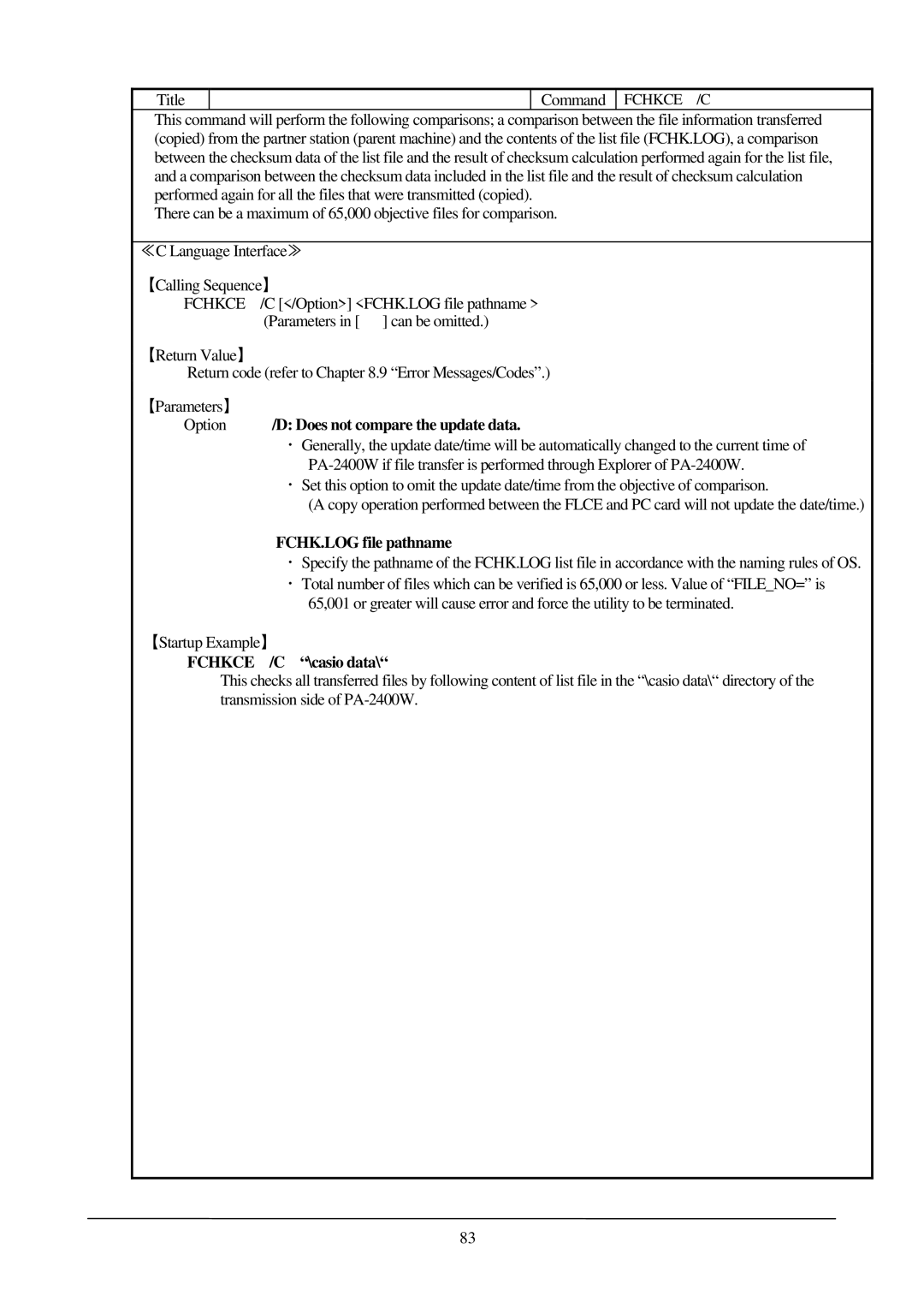 Casio PA-2400W manual Does not compare the update data, Option, FCHK.LOG file pathname, Fchkce /C \casio data 