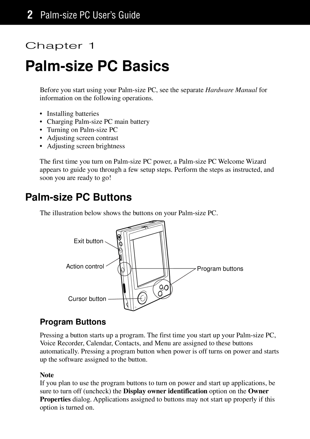 Casio manual Palm-size PC Basics, Palm-size PC Buttons, Program Buttons 