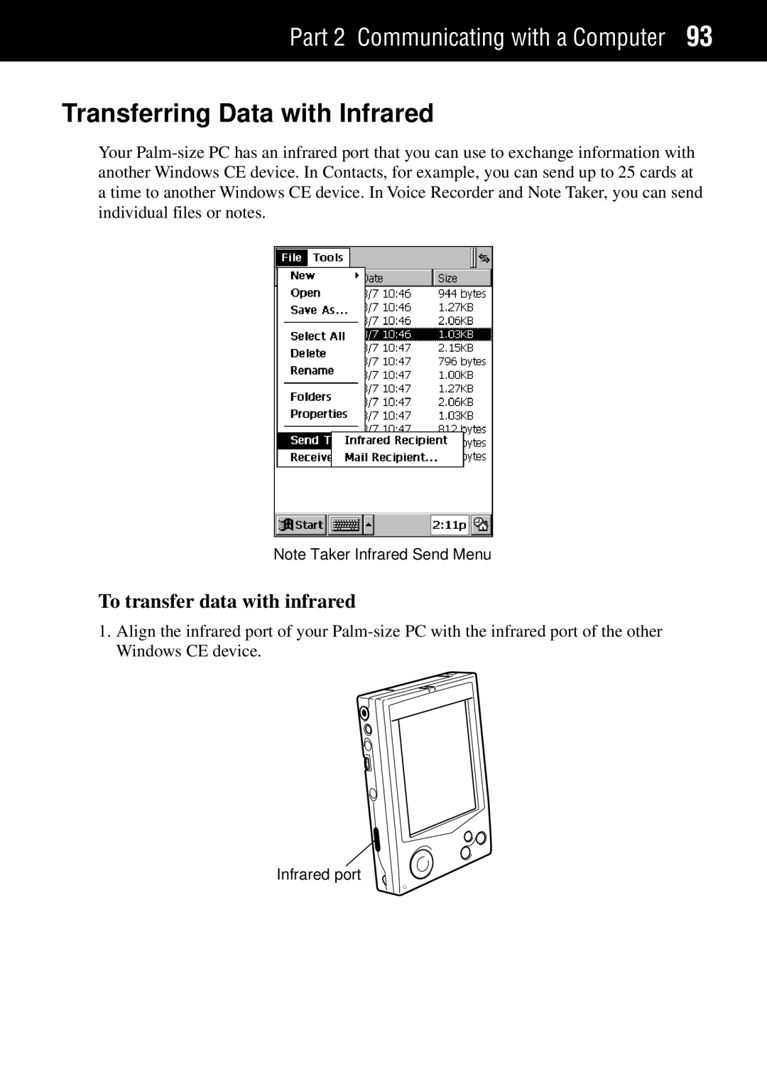 Casio Palm-size PC manual Transferring Data with Infrared, To transfer data with infrared 