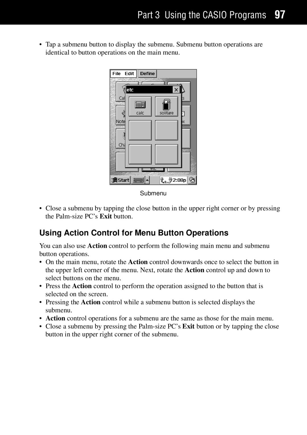 Casio Palm-size PC manual Using Action Control for Menu Button Operations 