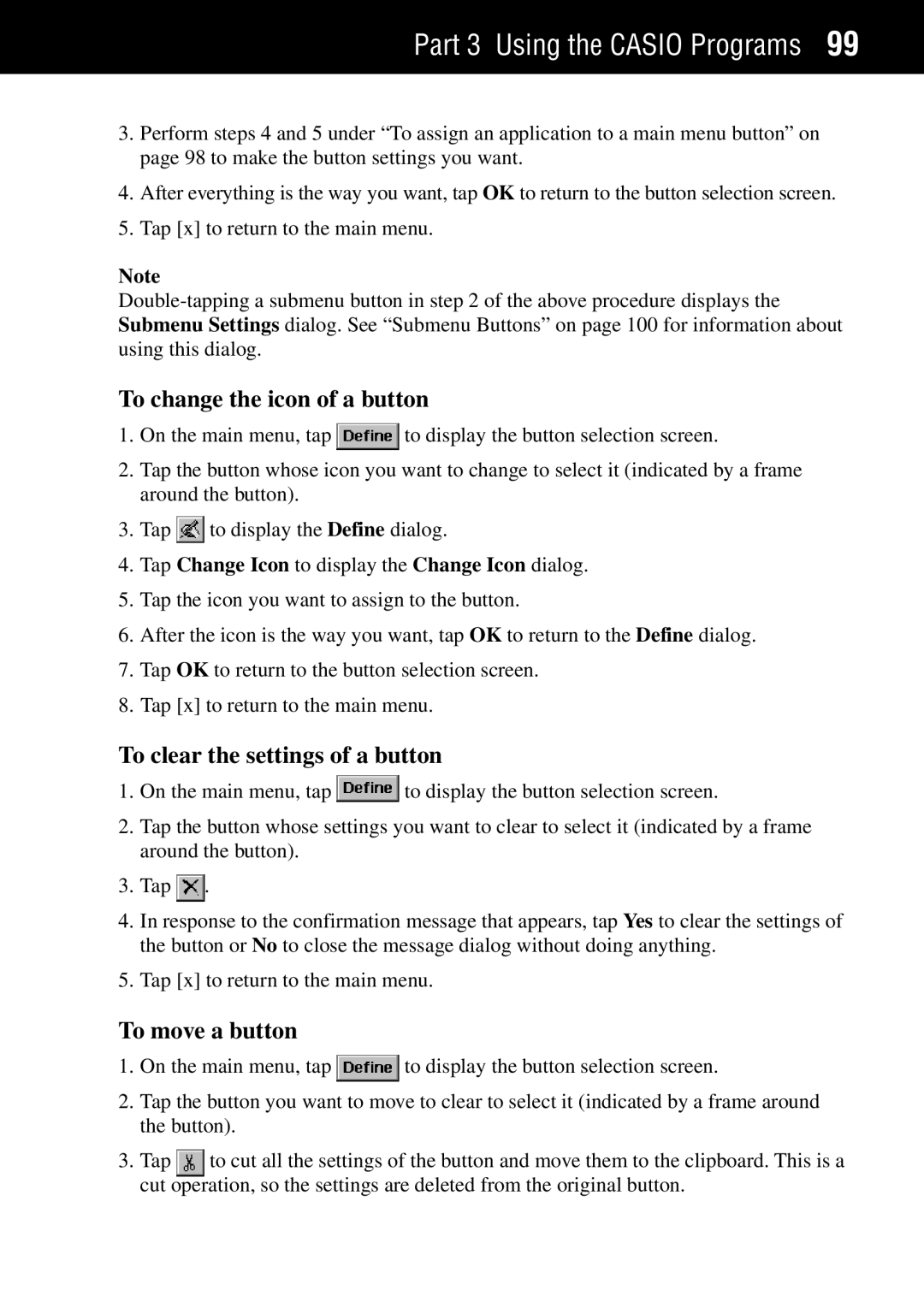 Casio Palm-size PC manual To change the icon of a button, To clear the settings of a button, To move a button 