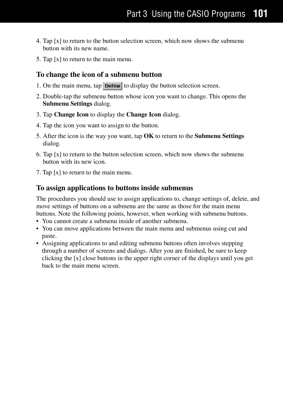 Casio Palm-size PC manual To change the icon of a submenu button, To assign applications to buttons inside submenus 