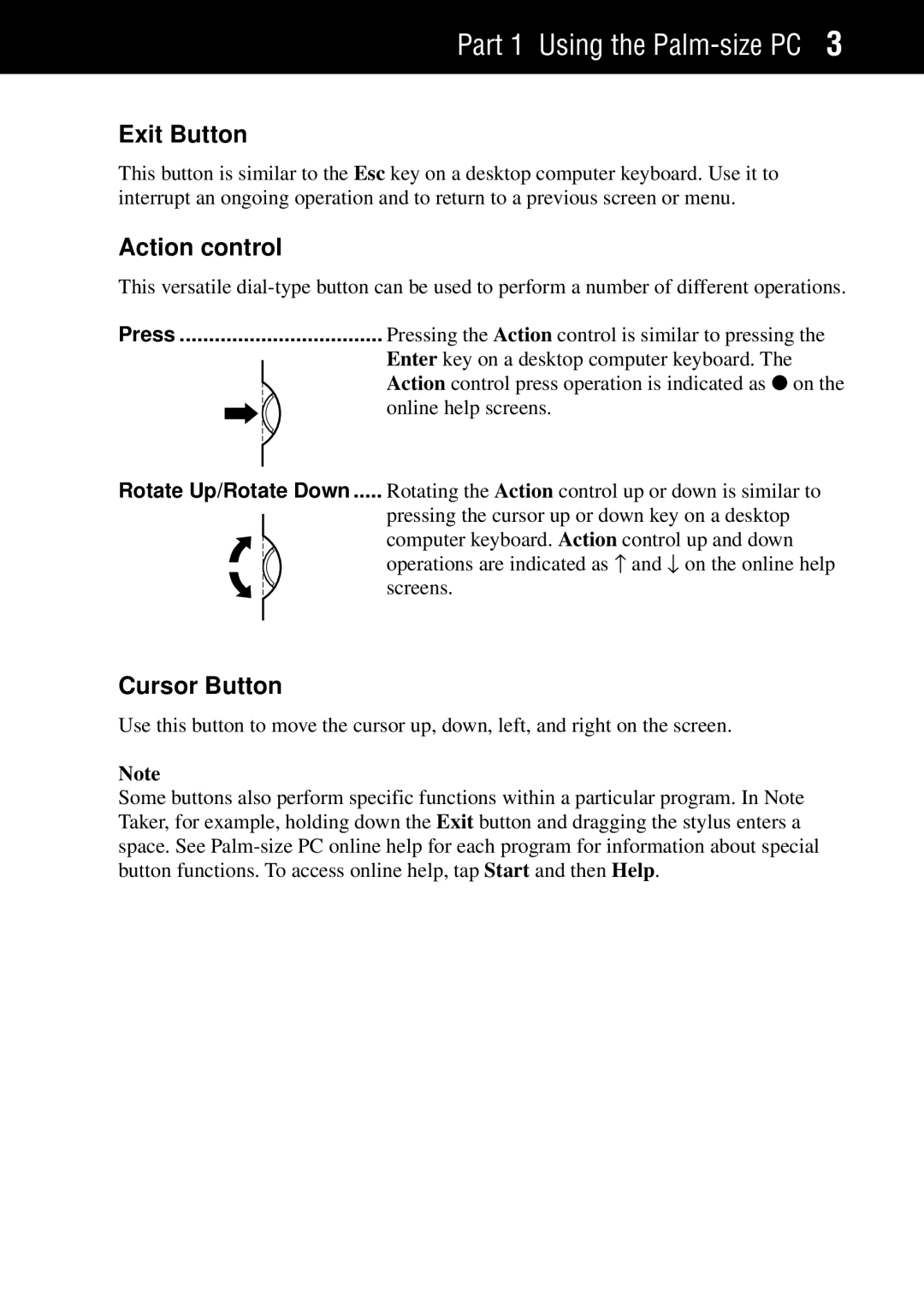 Casio Palm-size PC manual Exit Button, Action control, Cursor Button 