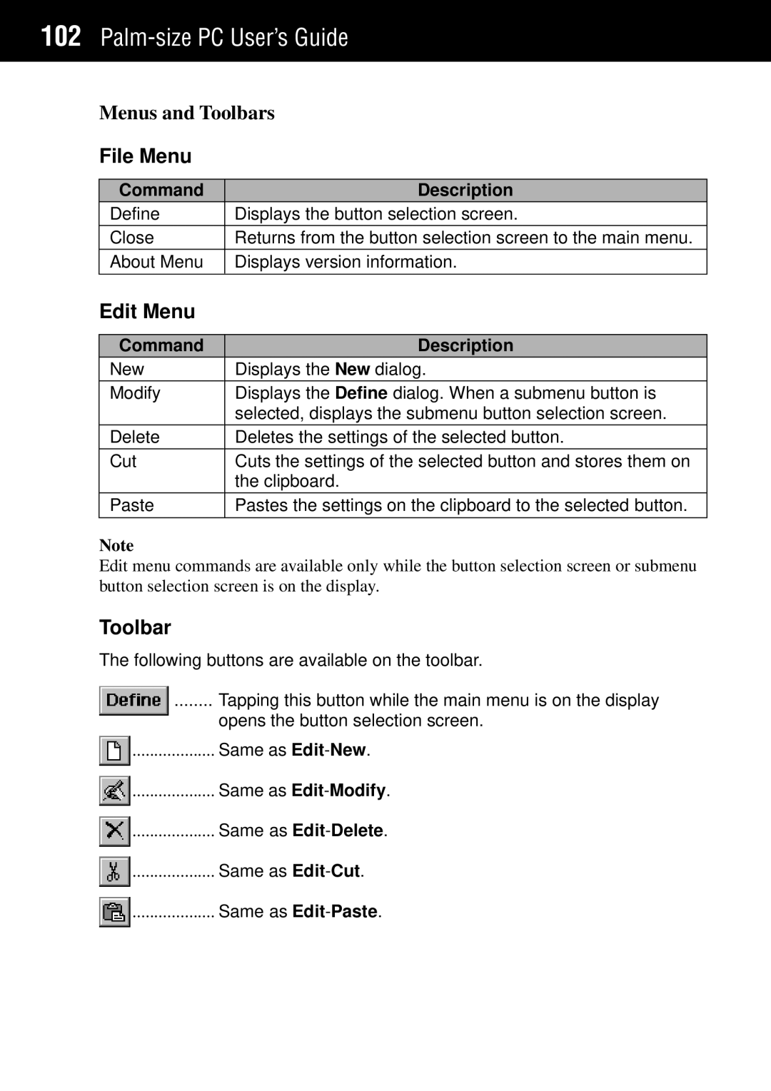 Casio Palm-size PC manual Menus and Toolbars, File Menu, Edit Menu 