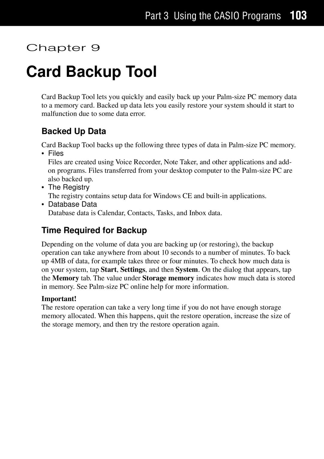 Casio Palm-size PC manual Card Backup Tool, Backed Up Data, Time Required for Backup 