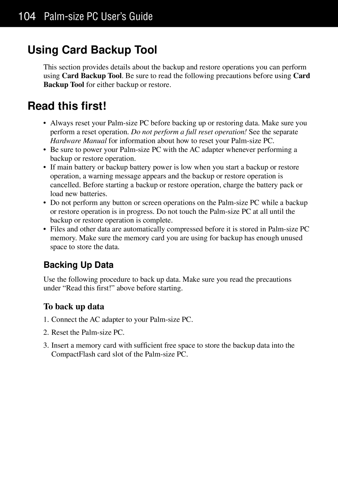 Casio Palm-size PC manual Using Card Backup Tool, Read this first, Backing Up Data, To back up data 