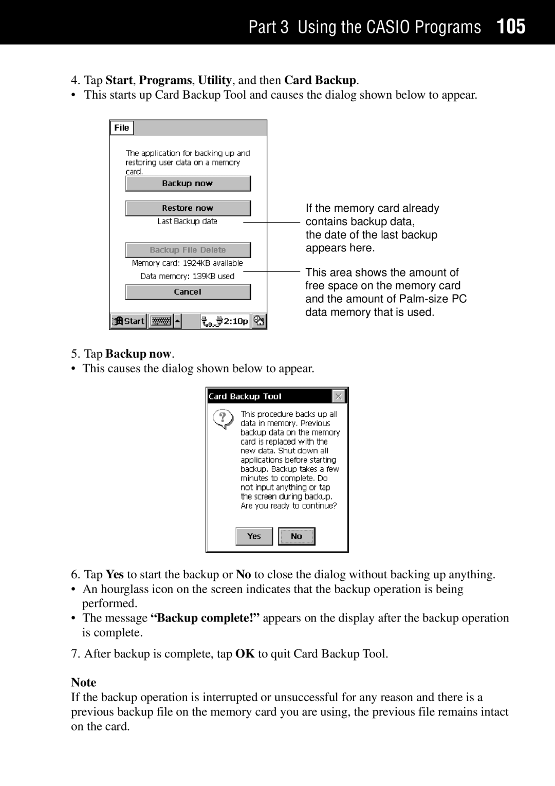 Casio Palm-size PC manual Tap Start, Programs, Utility, and then Card Backup, Tap Backup now 