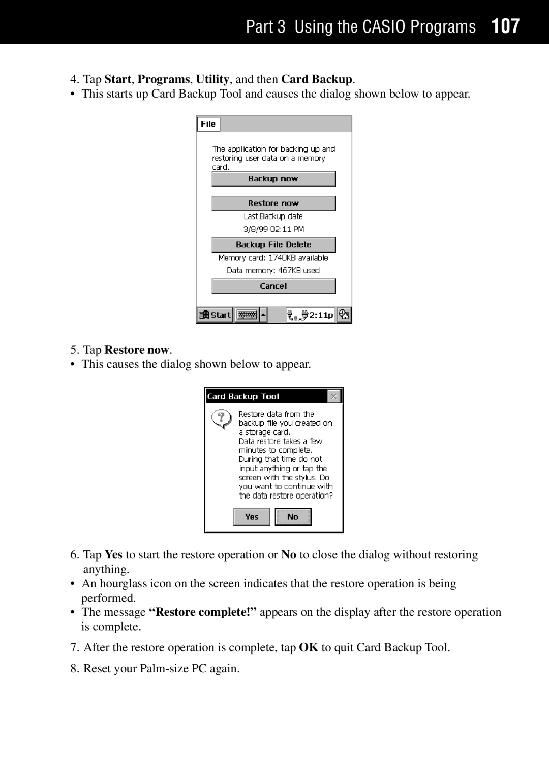 Casio Palm-size PC manual Tap Restore now 