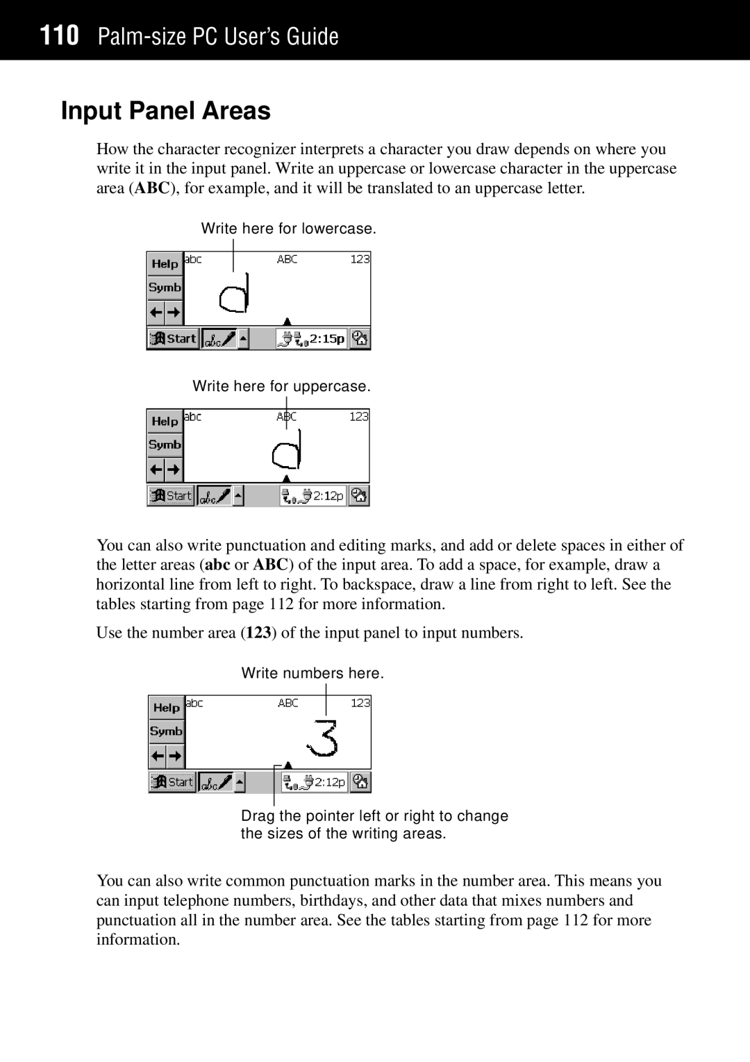 Casio Palm-size PC manual Input Panel Areas 