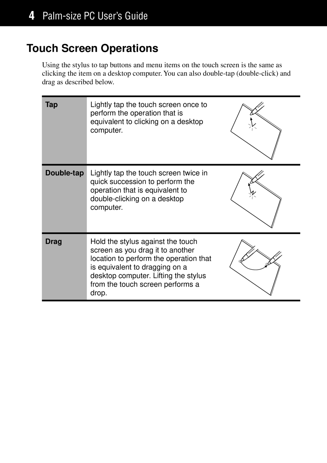 Casio Palm-size PC manual Touch Screen Operations, Tap 