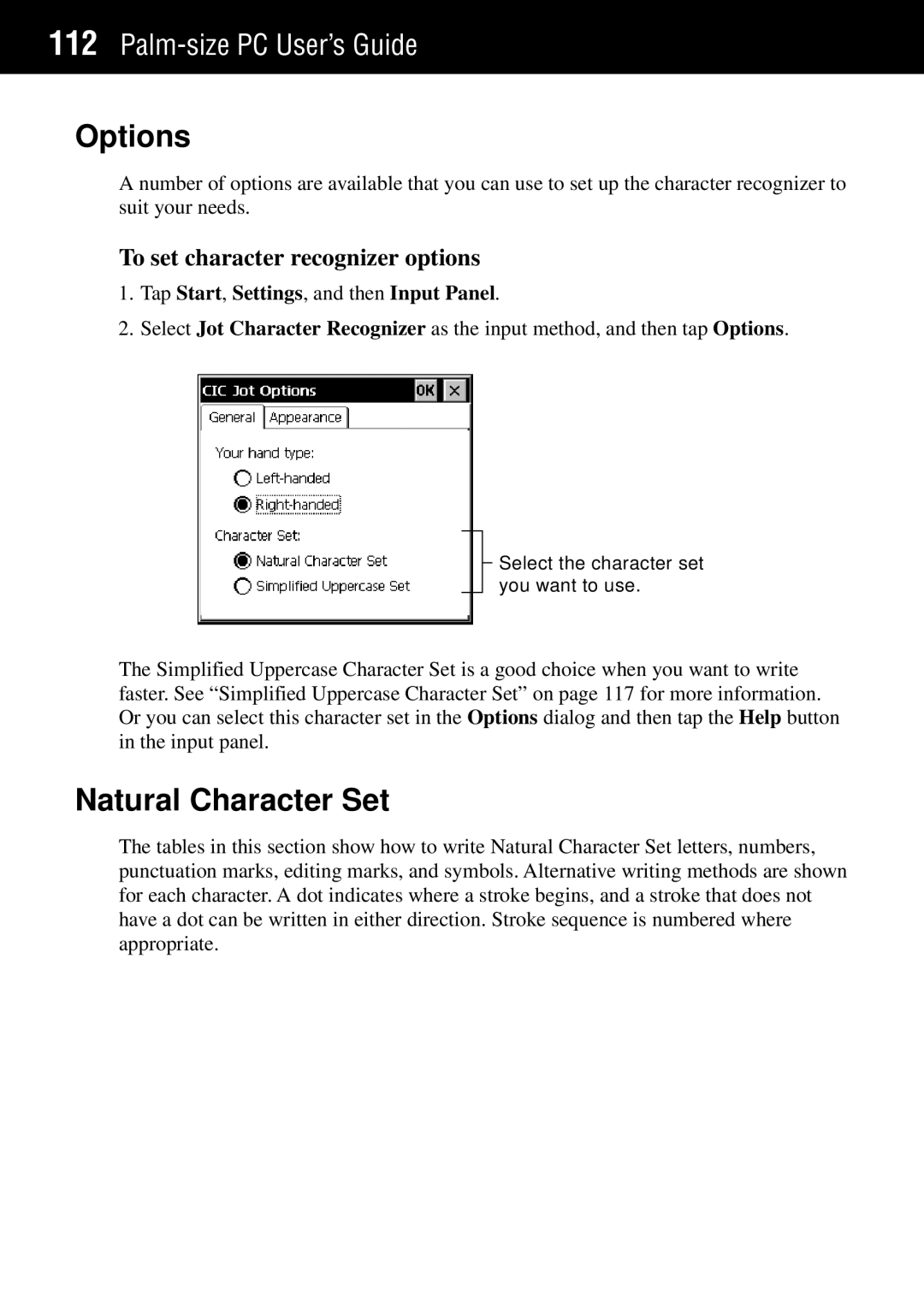 Casio Palm-size PC manual Options, Natural Character Set, To set character recognizer options 