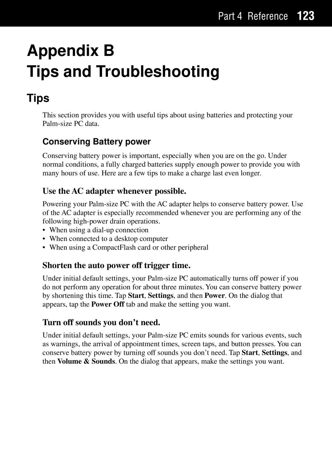 Casio Palm-size PC manual Appendix B Tips and Troubleshooting, Conserving Battery power 