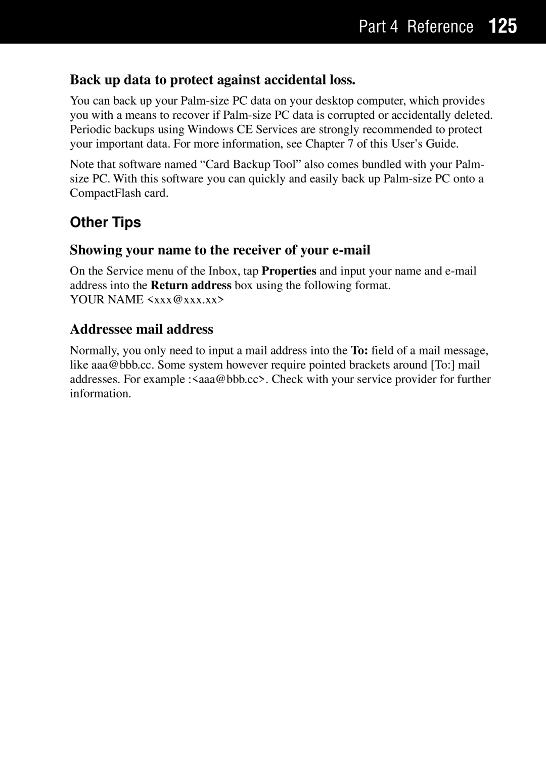 Casio Palm-size PC manual Back up data to protect against accidental loss, Other Tips, Addressee mail address 