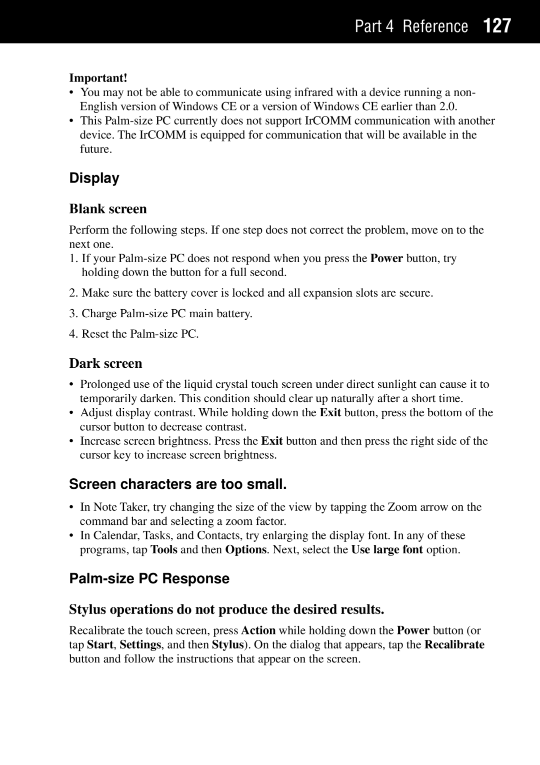 Casio manual Blank screen, Dark screen, Screen characters are too small, Palm-size PC Response 