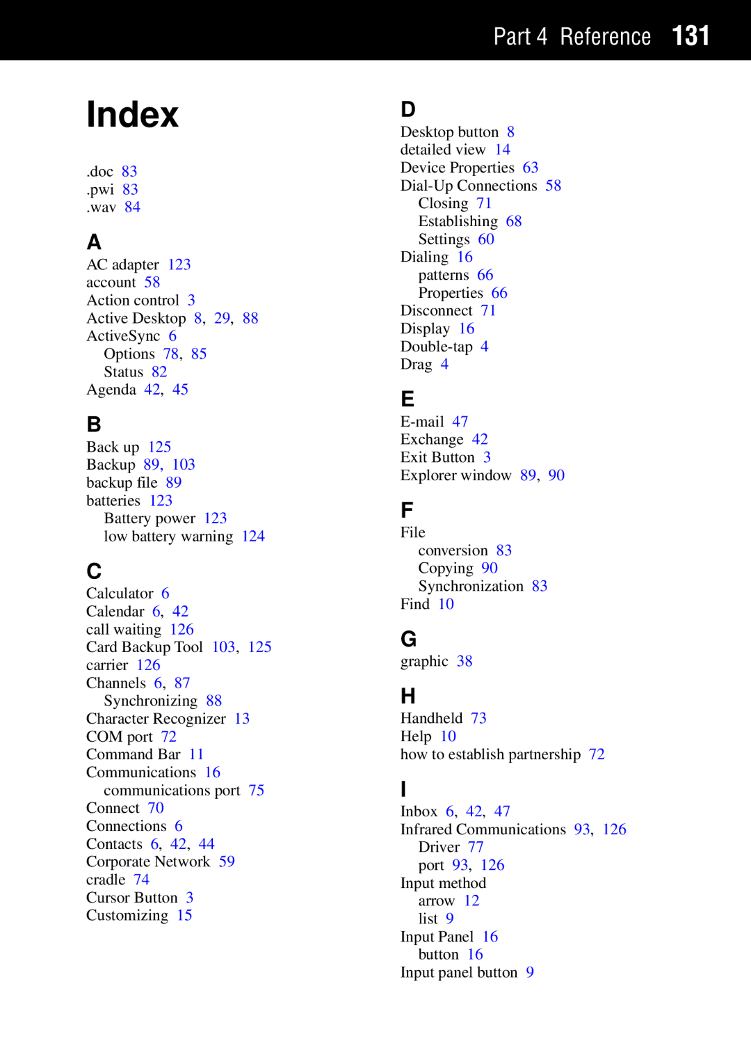 Casio Palm-size PC manual Index 