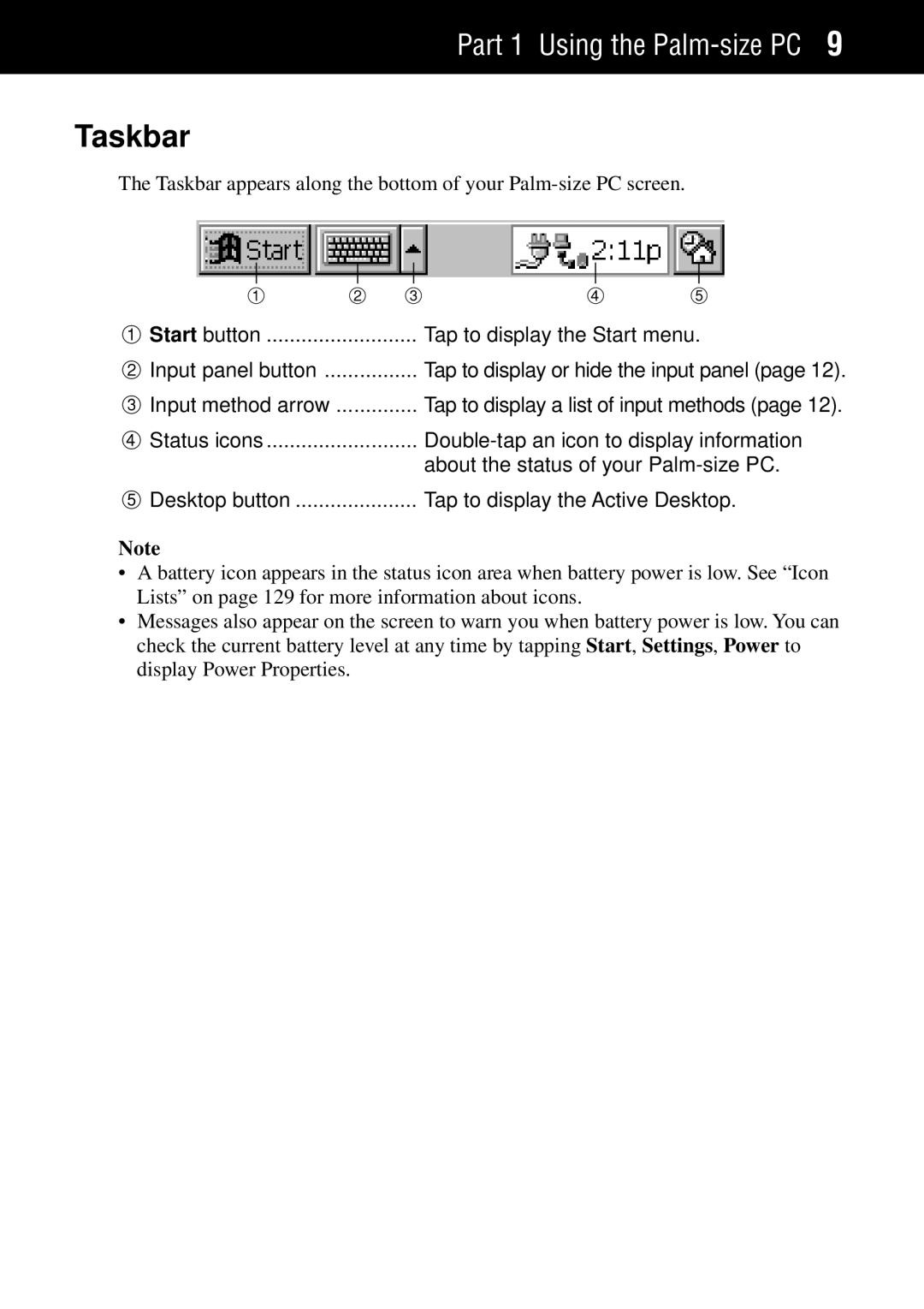 Casio Palm-size PC manual Taskbar, Tap to display the Start menu 