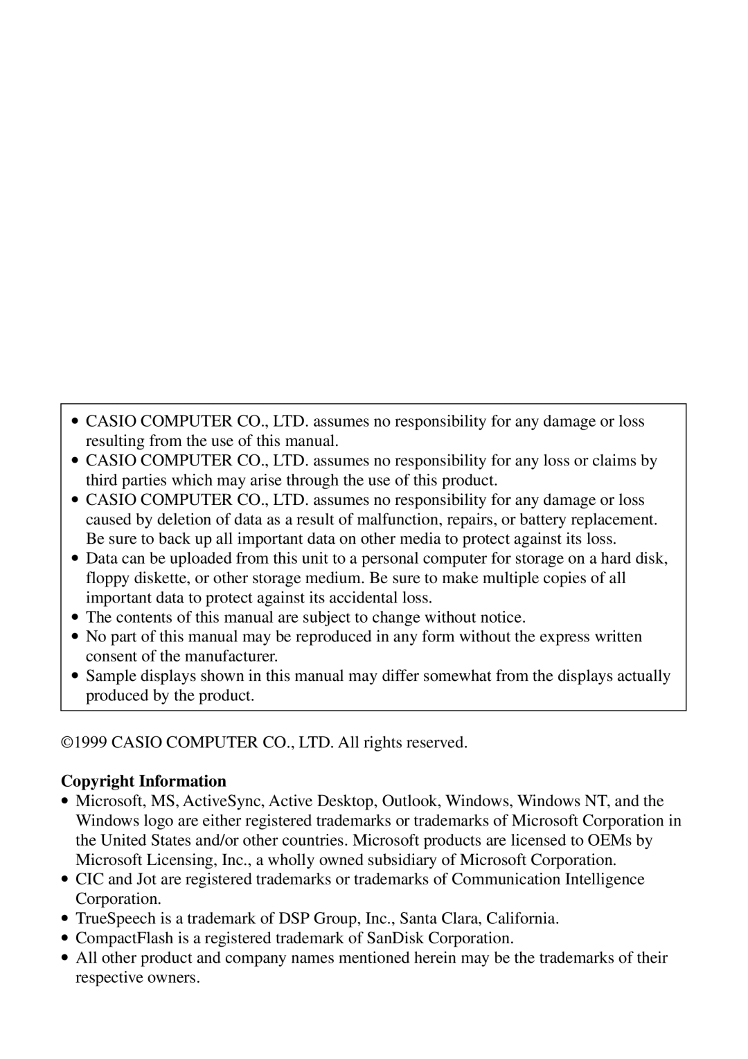 Casio Palm-size PC manual Copyright Information 