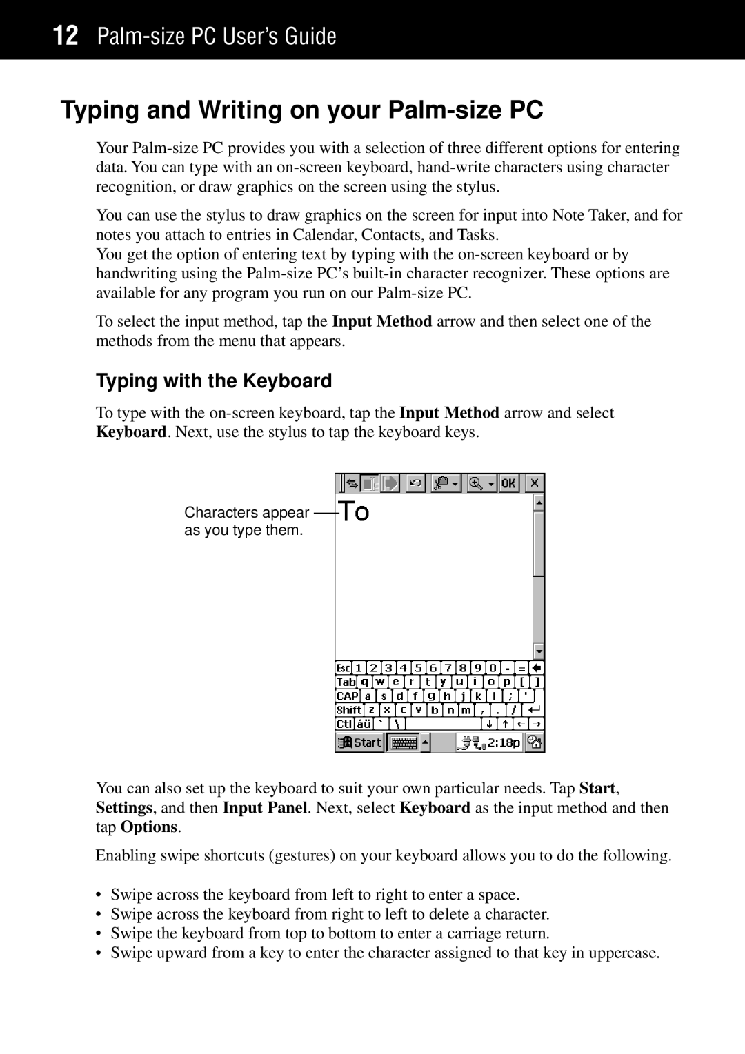 Casio manual Typing and Writing on your Palm-size PC, Typing with the Keyboard 