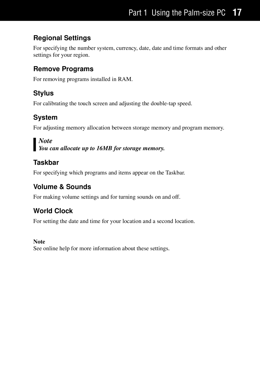 Casio Palm-size PC manual Regional Settings, Remove Programs, Stylus, System, Taskbar, Volume & Sounds, World Clock 