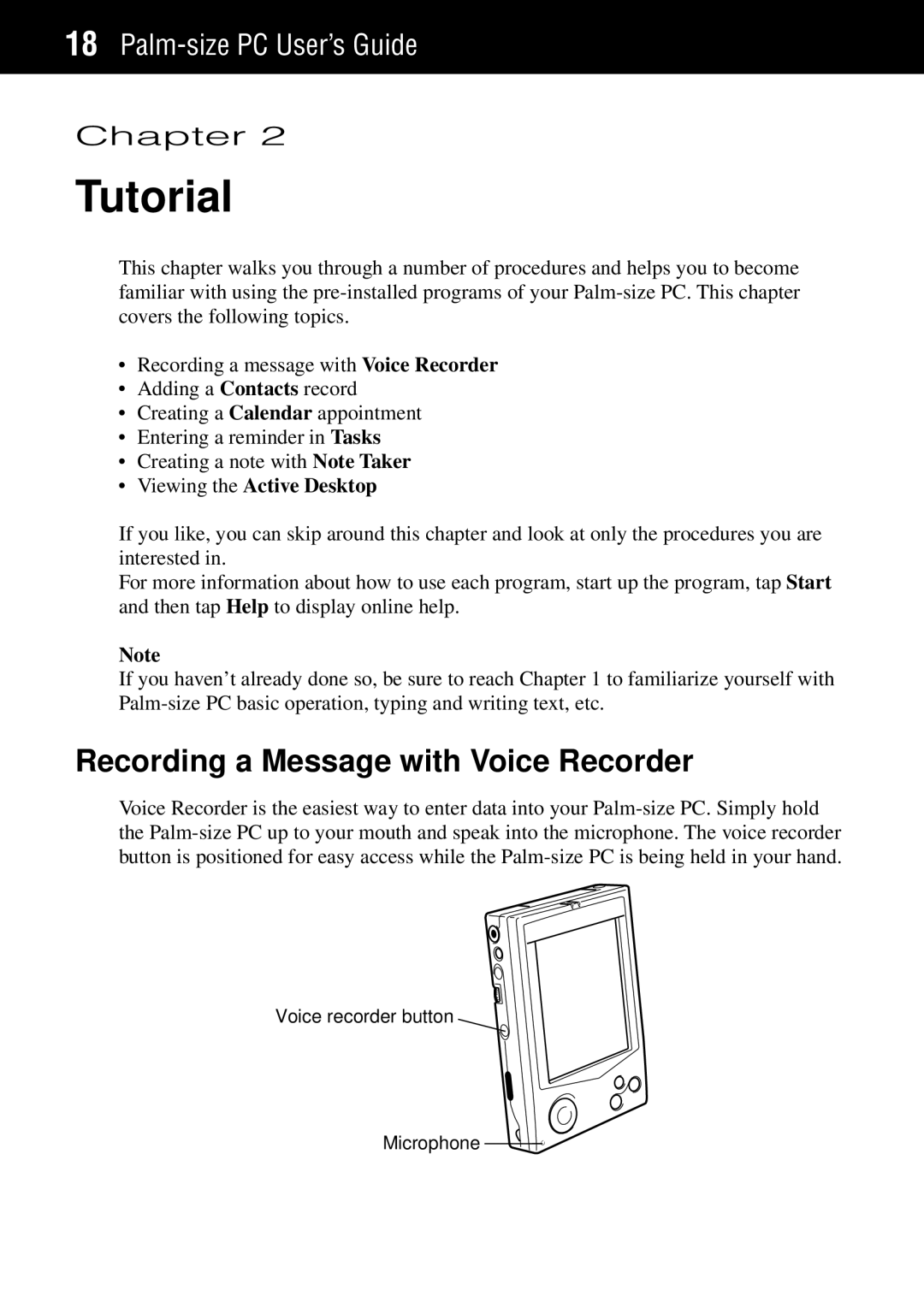 Casio Palm-size PC manual Tutorial, Recording a Message with Voice Recorder, Viewing the Active Desktop 