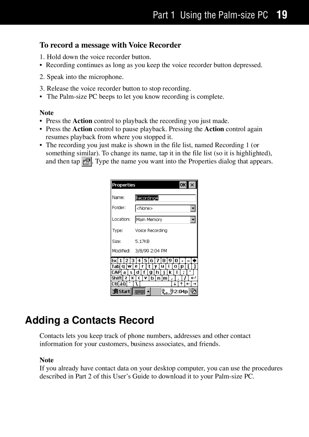 Casio Palm-size PC manual Adding a Contacts Record, To record a message with Voice Recorder 