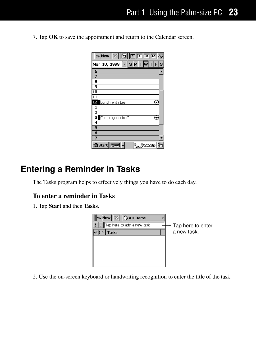 Casio Palm-size PC manual Entering a Reminder in Tasks, To enter a reminder in Tasks 