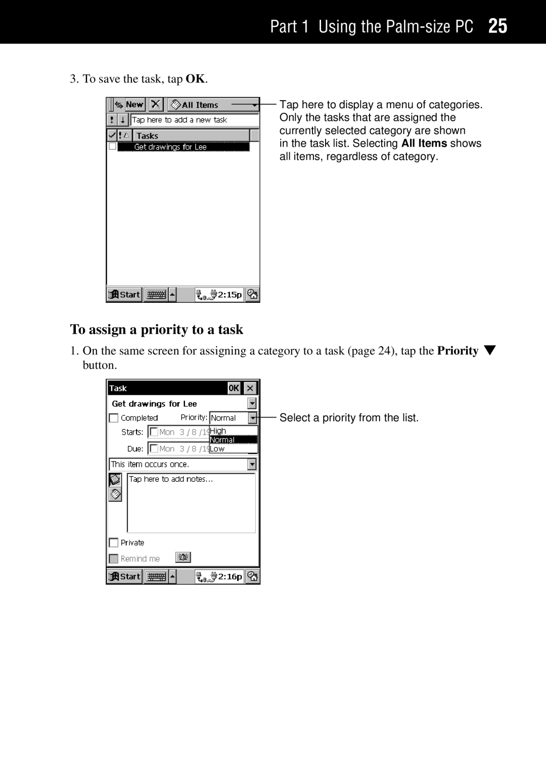 Casio Palm-size PC manual To assign a priority to a task, To save the task, tap OK 