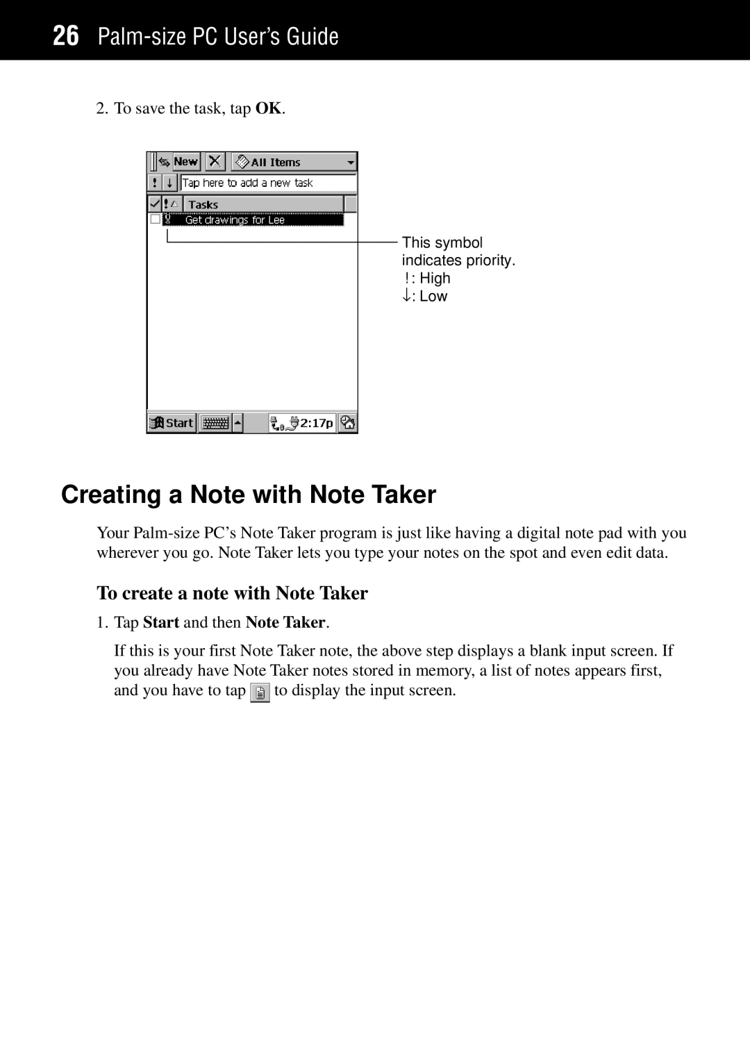 Casio Palm-size PC manual Creating a Note with Note Taker, To create a note with Note Taker, Tap Start and then Note Taker 