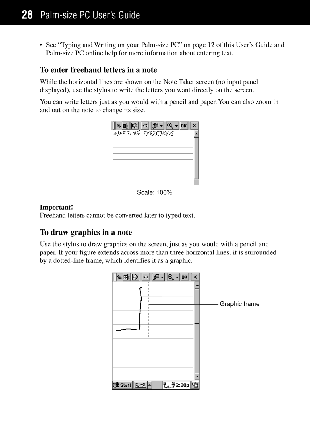 Casio Palm-size PC manual To enter freehand letters in a note, To draw graphics in a note 