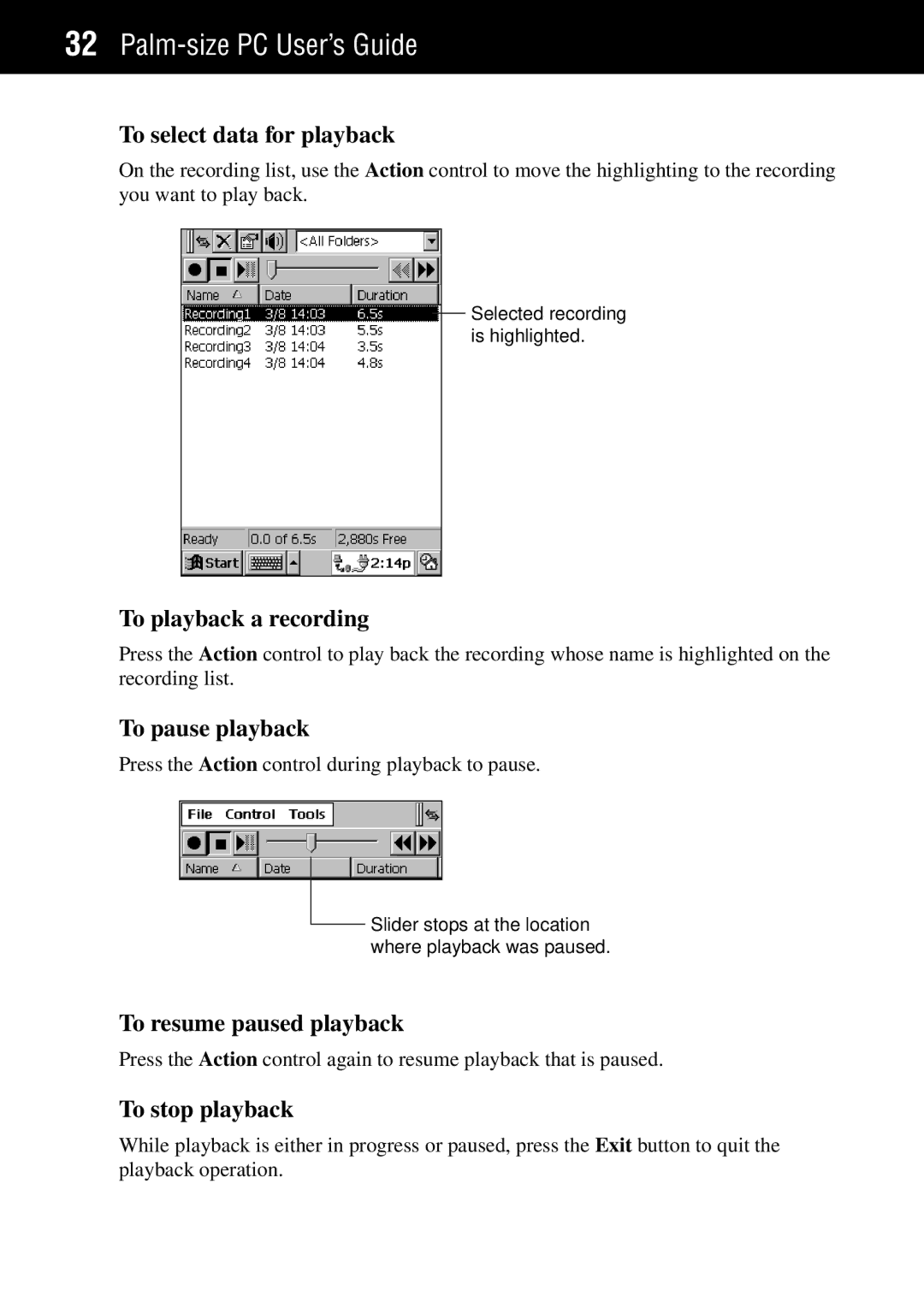 Casio Palm-size PC To select data for playback, To playback a recording, To pause playback, To resume paused playback 