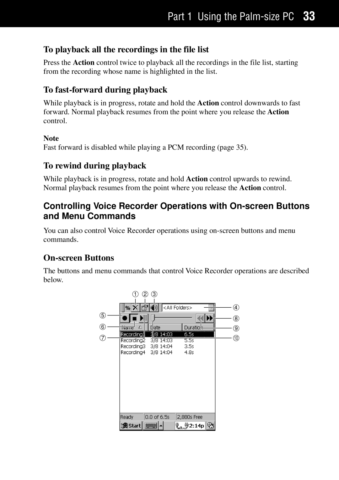 Casio Palm-size PC To playback all the recordings in the file list, To fast-forward during playback, On-screen Buttons 