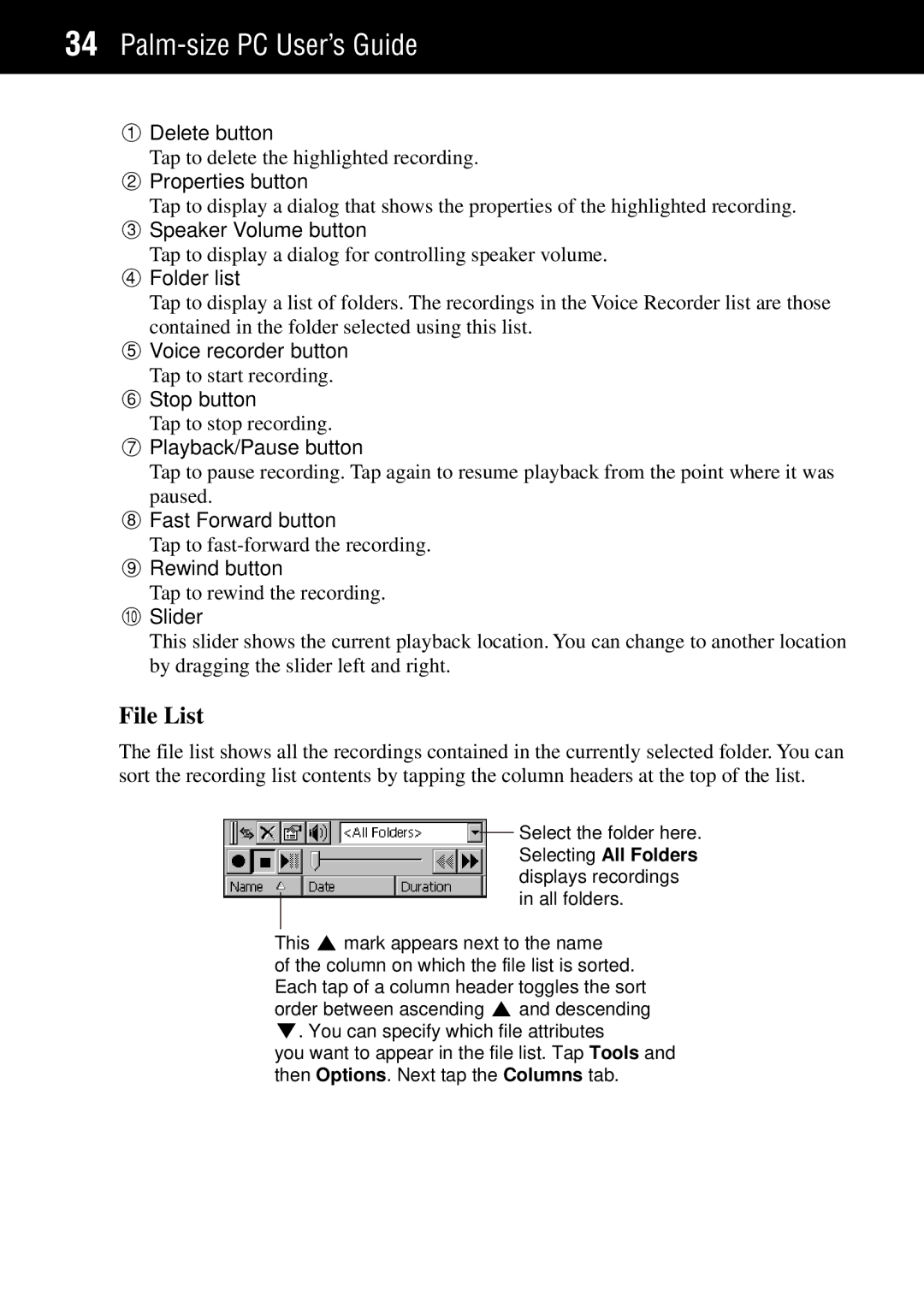 Casio Palm-size PC manual File List, Folder list 