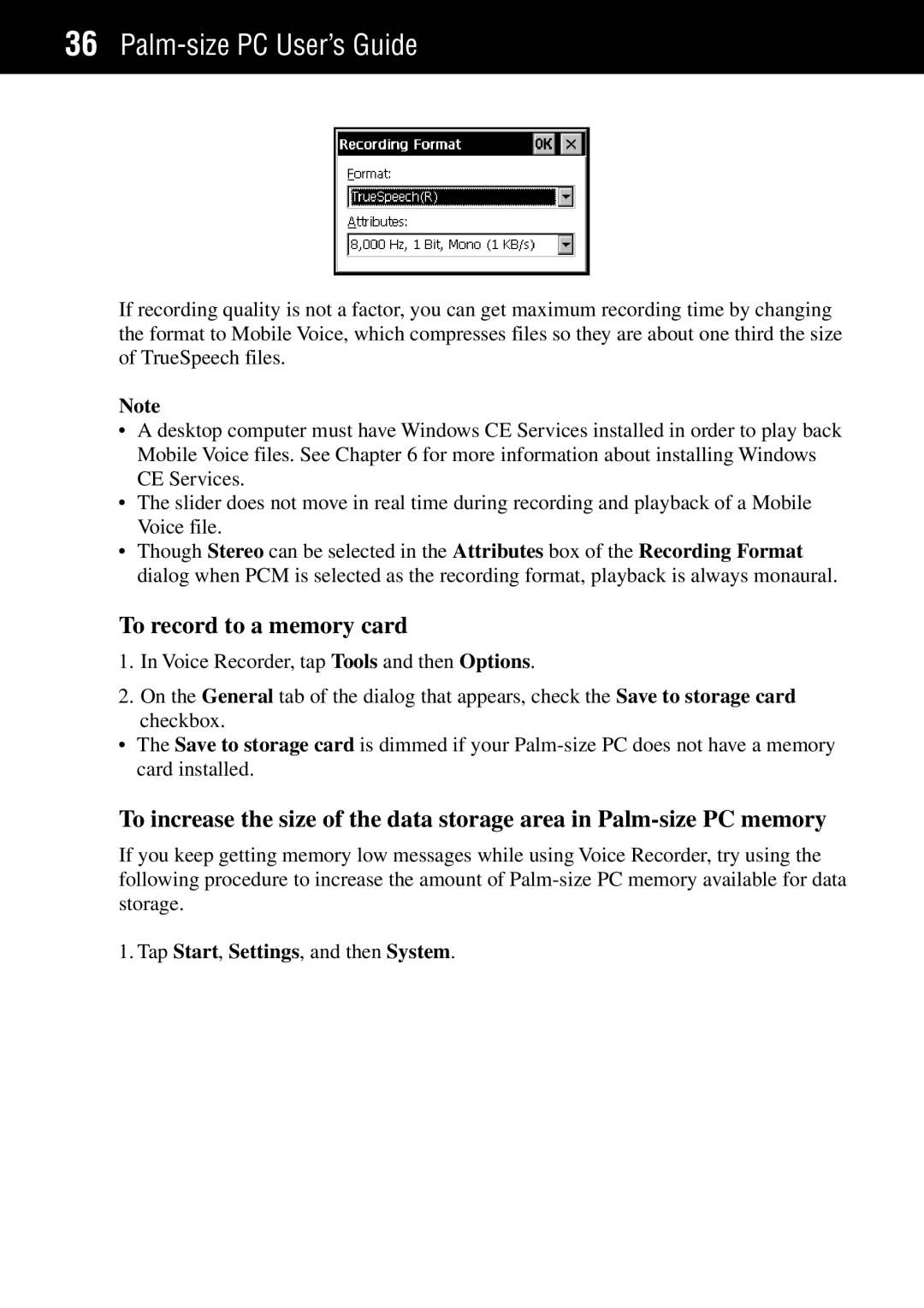 Casio Palm-size PC manual To record to a memory card, Tap Start, Settings, and then System 