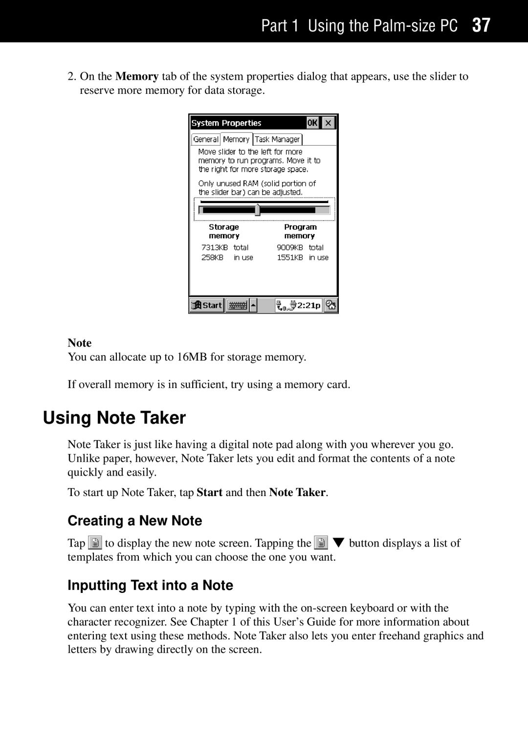 Casio Palm-size PC manual Using Note Taker, Creating a New Note, Inputting Text into a Note 