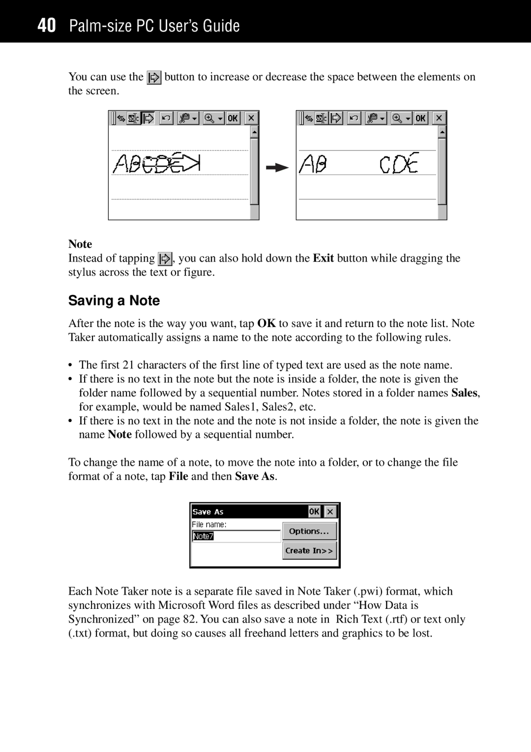 Casio Palm-size PC manual Saving a Note 