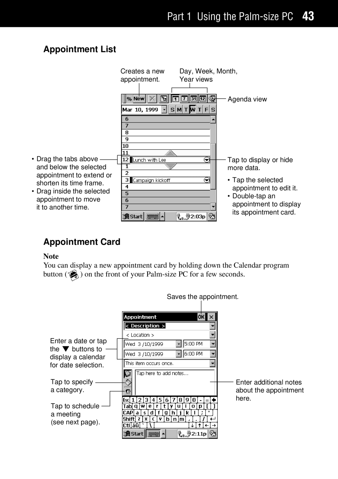 Casio Palm-size PC manual Appointment List, Appointment Card 