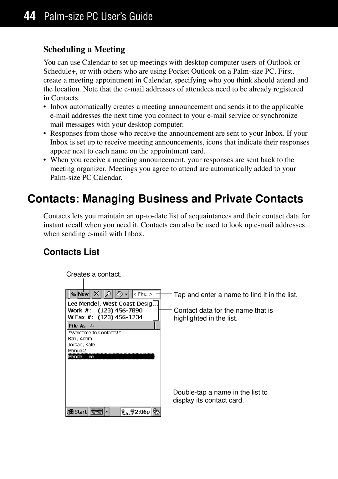 Casio Palm-size PC manual Contacts Managing Business and Private Contacts, Scheduling a Meeting, Contacts List 