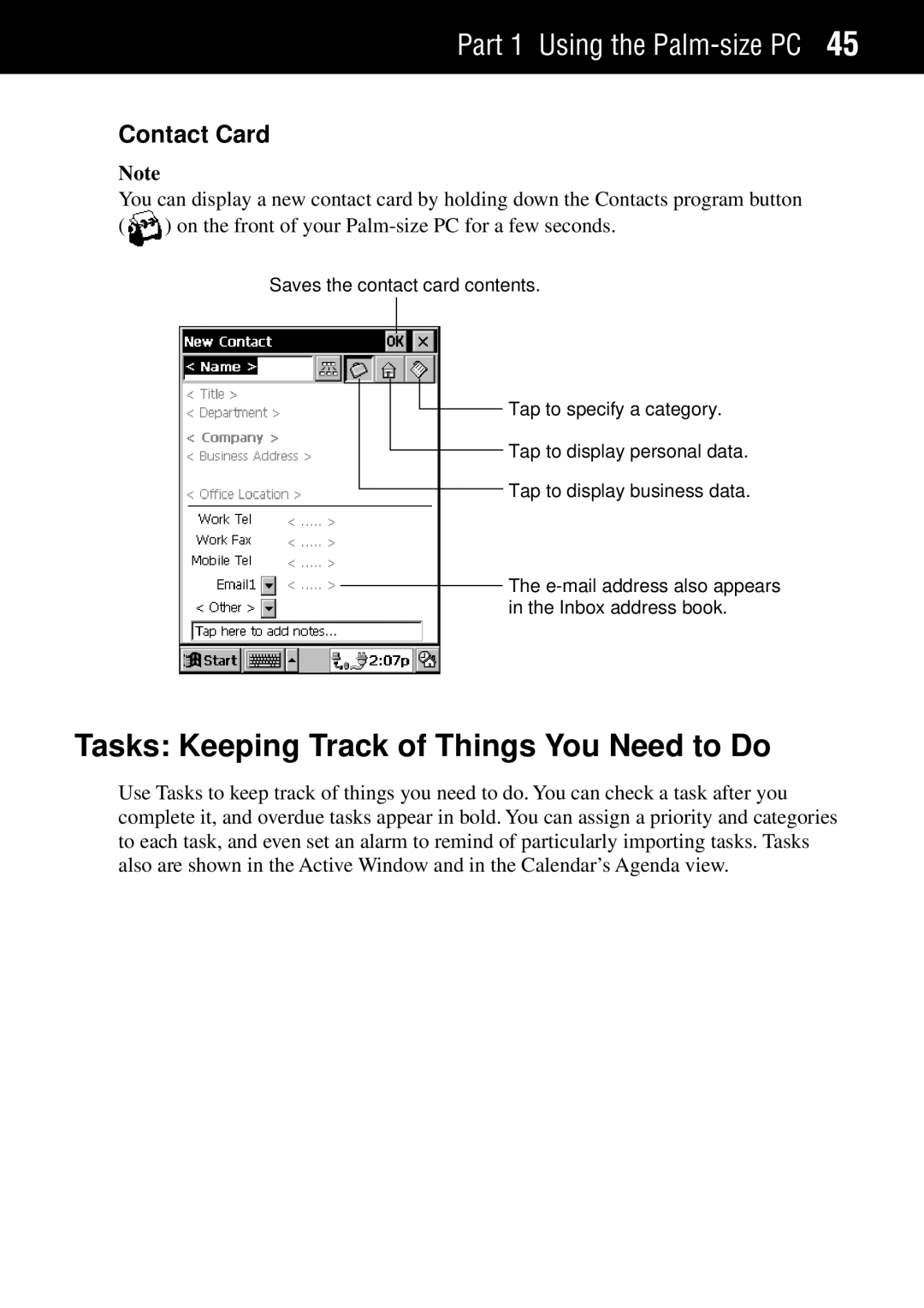 Casio Palm-size PC manual Tasks Keeping Track of Things You Need to Do, Contact Card 