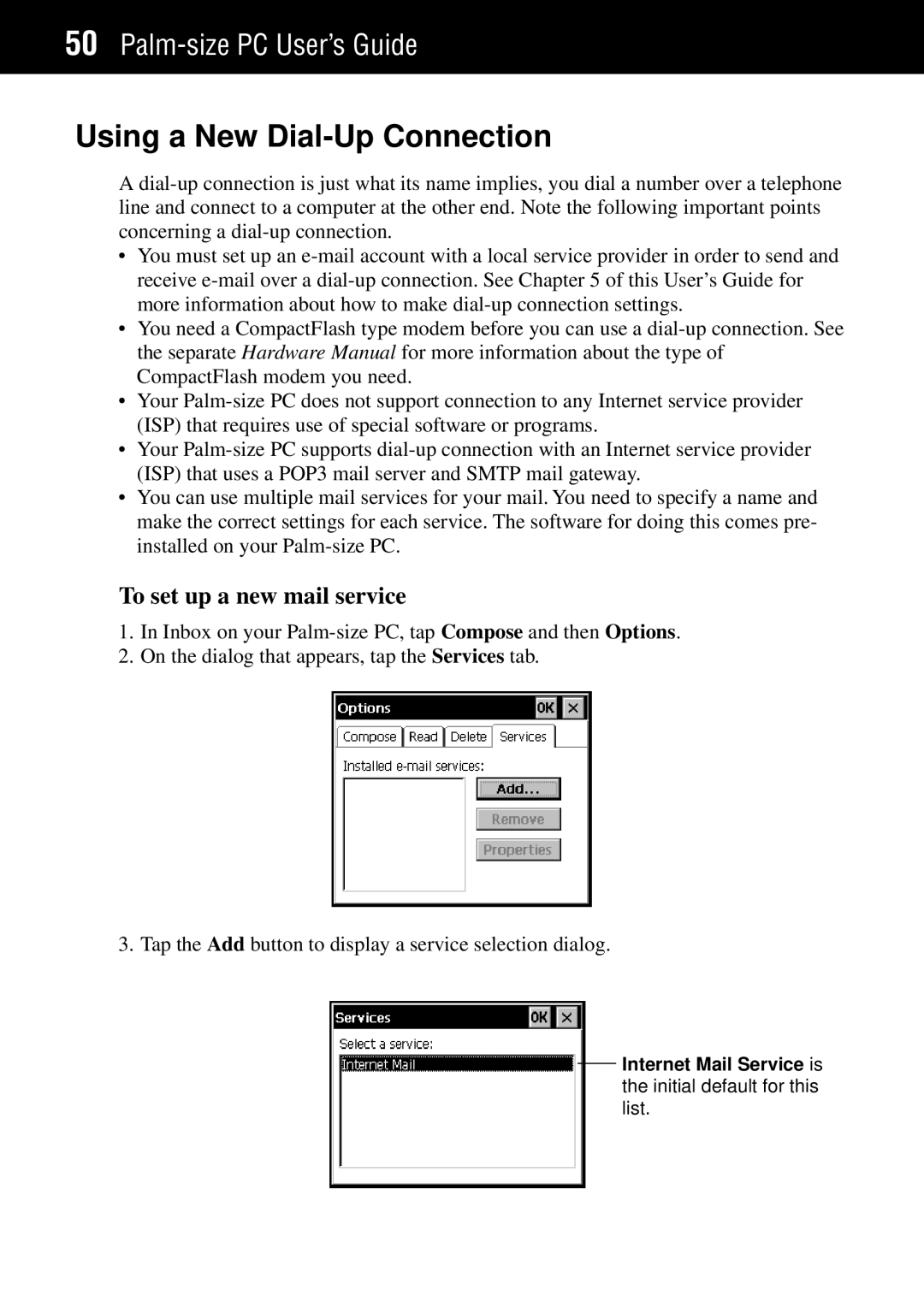 Casio Palm-size PC manual Using a New Dial-Up Connection, To set up a new mail service 