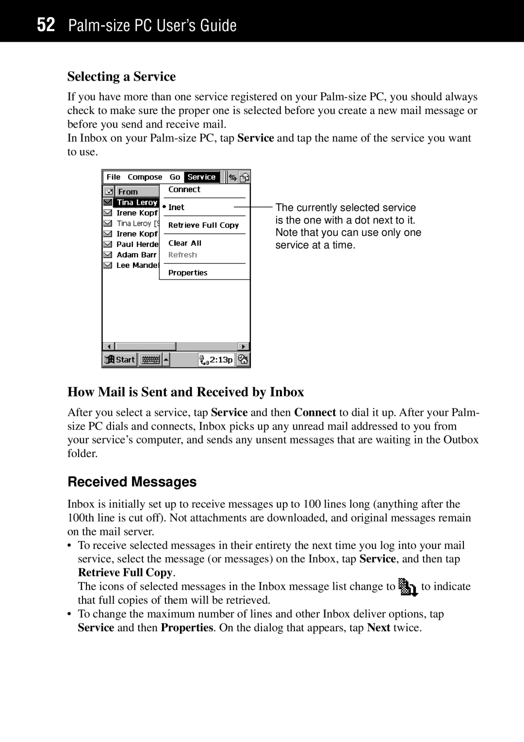 Casio Palm-size PC manual Selecting a Service, How Mail is Sent and Received by Inbox, Received Messages 