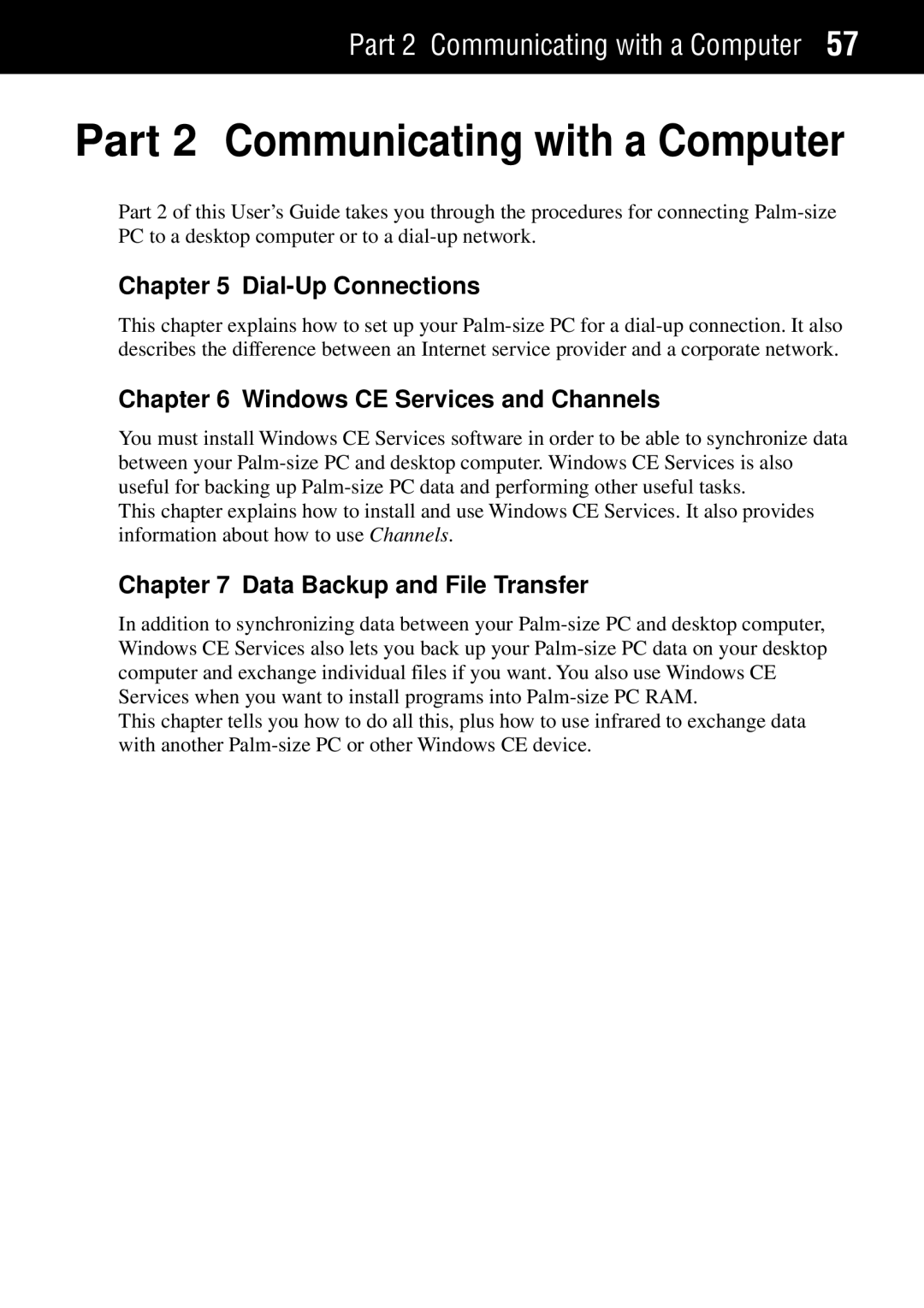 Casio Palm-size PC manual Dial-Up Connections, Windows CE Services and Channels, Data Backup and File Transfer 