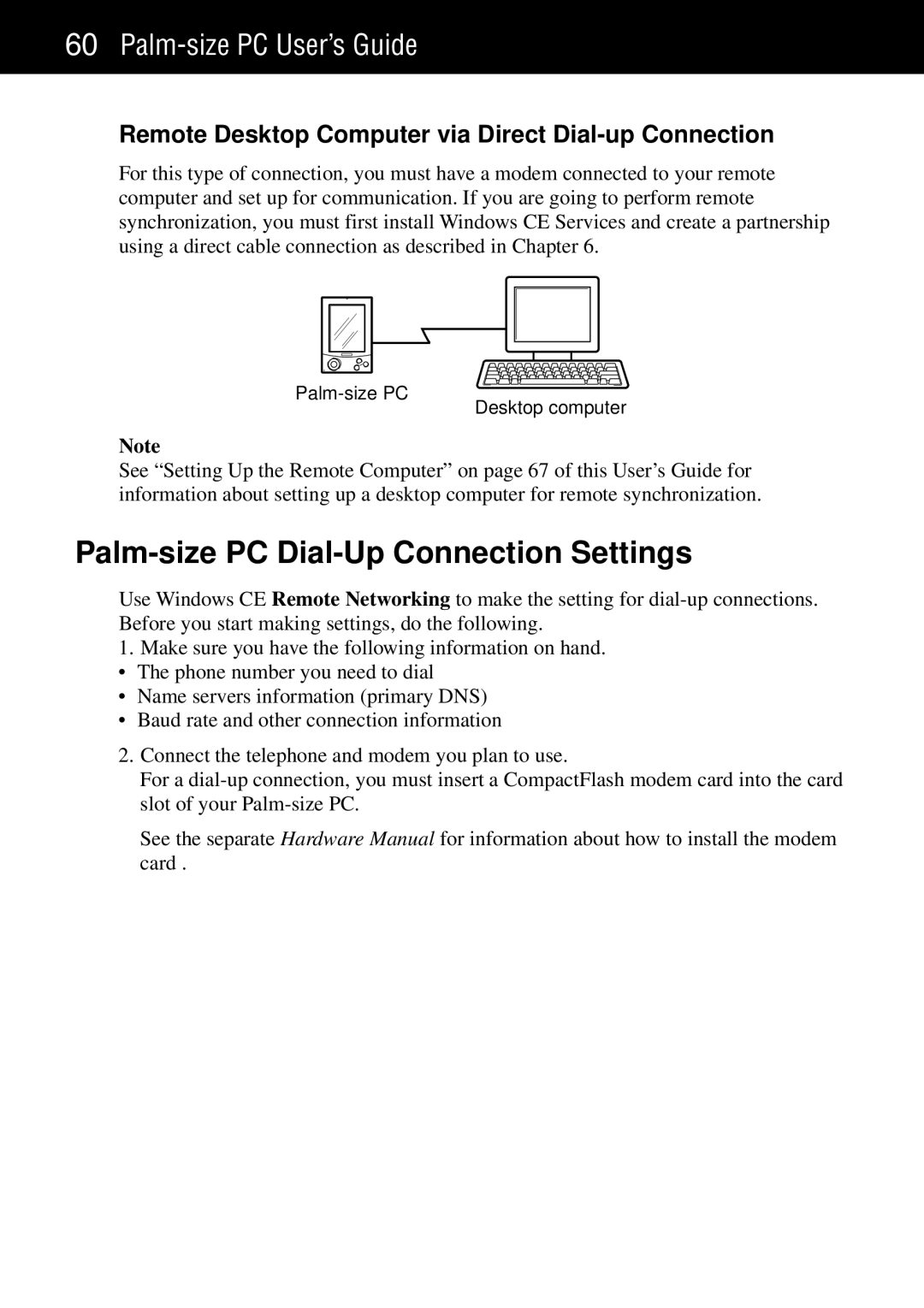 Casio manual Palm-size PC Dial-Up Connection Settings, Remote Desktop Computer via Direct Dial-up Connection 